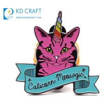 Unique design custom metal stamping colorful enamel glitter cute animal cat badge for promotion